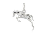 A sterling silver charm depicting a jumping horse in mid-motion, designed for wear on a charm bracelet or chain.